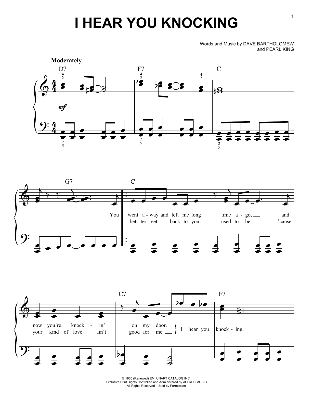 Fats Domino I Hear You Knocking sheet music notes and chords arranged for Easy Piano