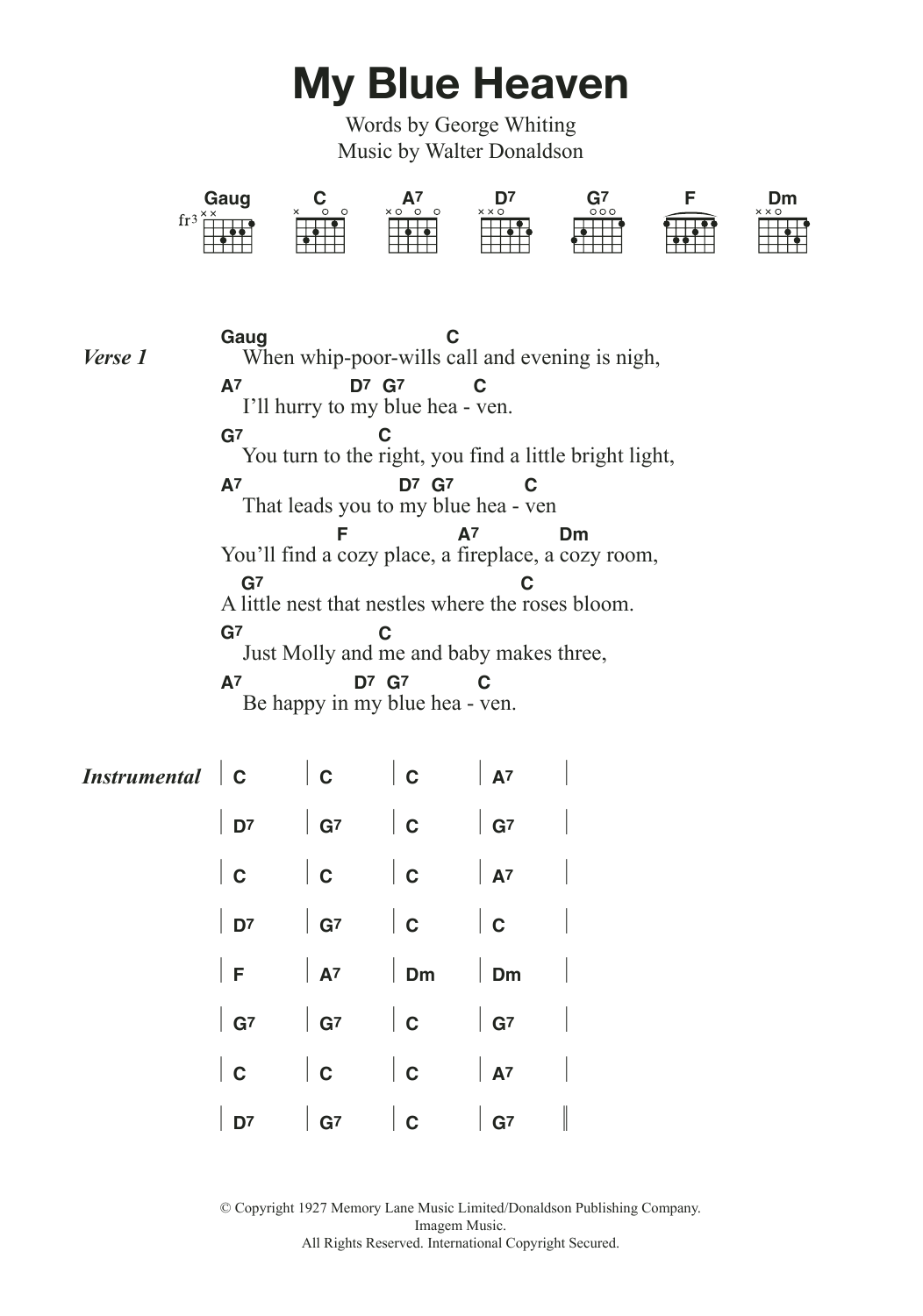 Fats Domino My Blue Heaven sheet music notes and chords arranged for Guitar Chords/Lyrics