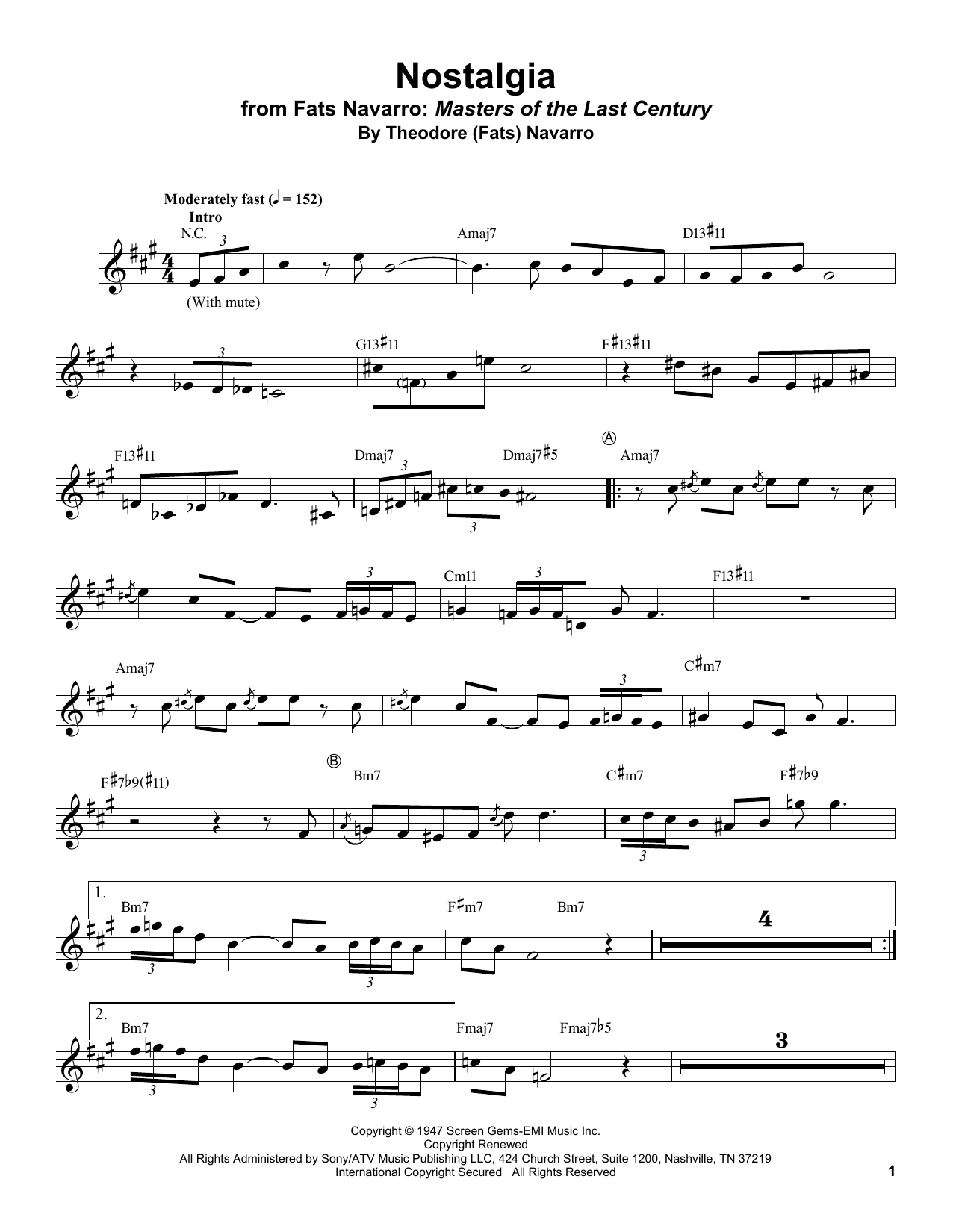 Fats Navarro Nostalgia sheet music notes and chords arranged for Trumpet Transcription