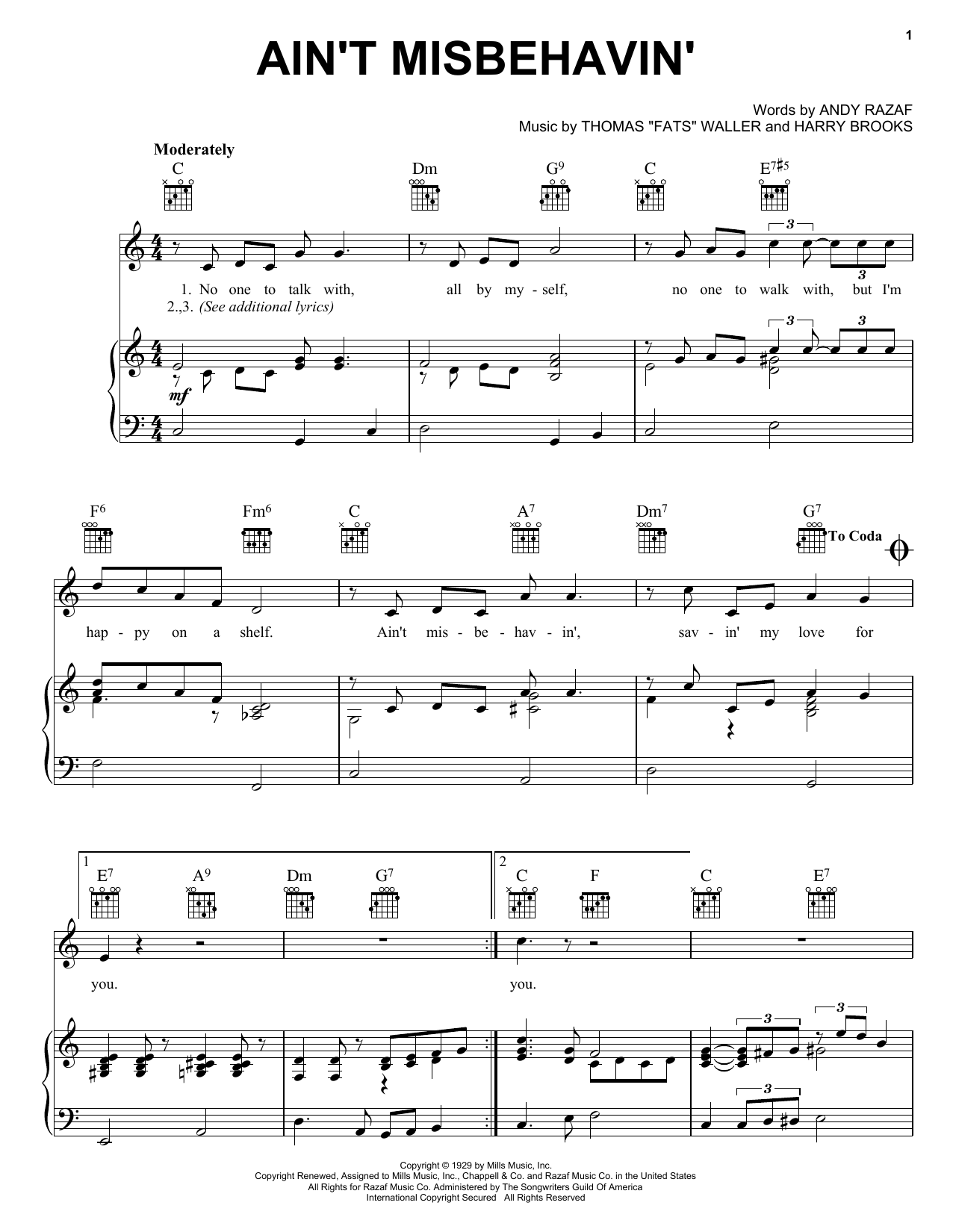 Fats Waller Ain't Misbehavin' sheet music notes and chords arranged for Piano, Vocal & Guitar Chords