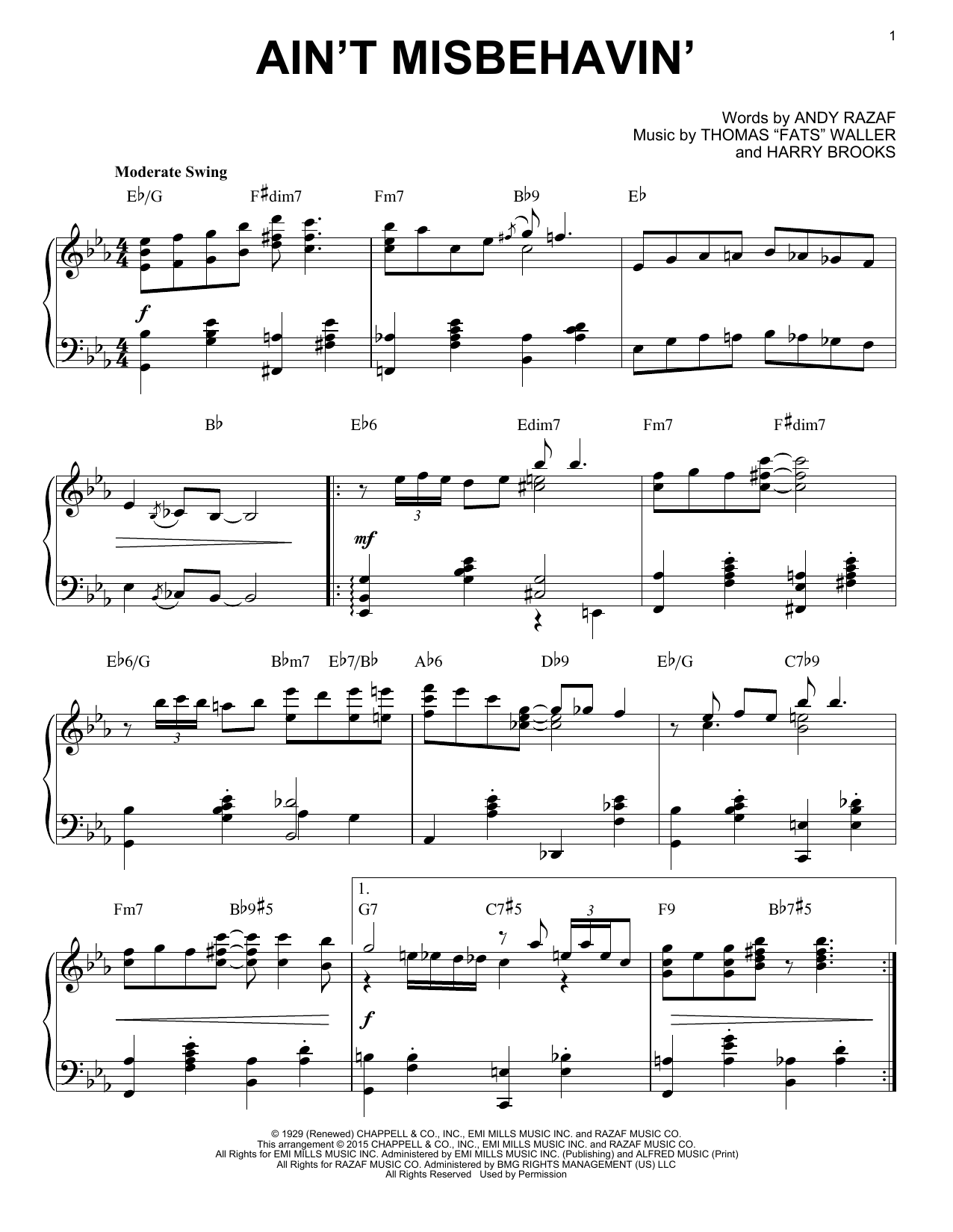 Fats Waller Ain't Misbehavin' [Stride version] (arr. Brent Edstrom) sheet music notes and chords arranged for Piano Solo