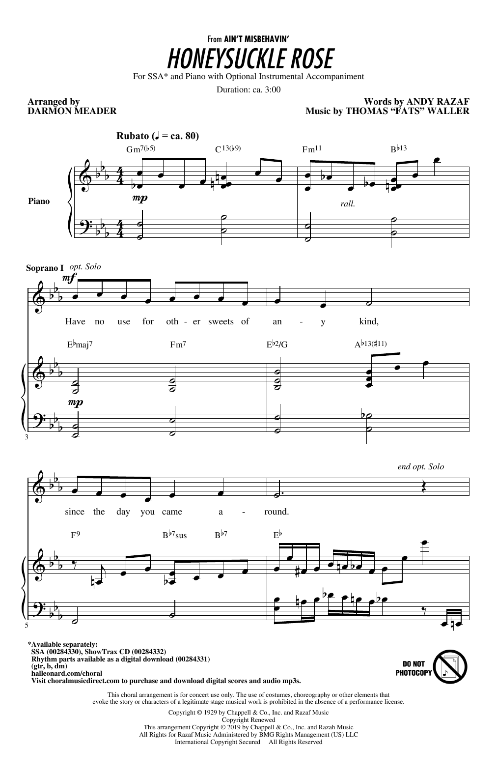 Fats Waller Honeysuckle Rose (arr. Darmon Meader) sheet music notes and chords arranged for SSA Choir