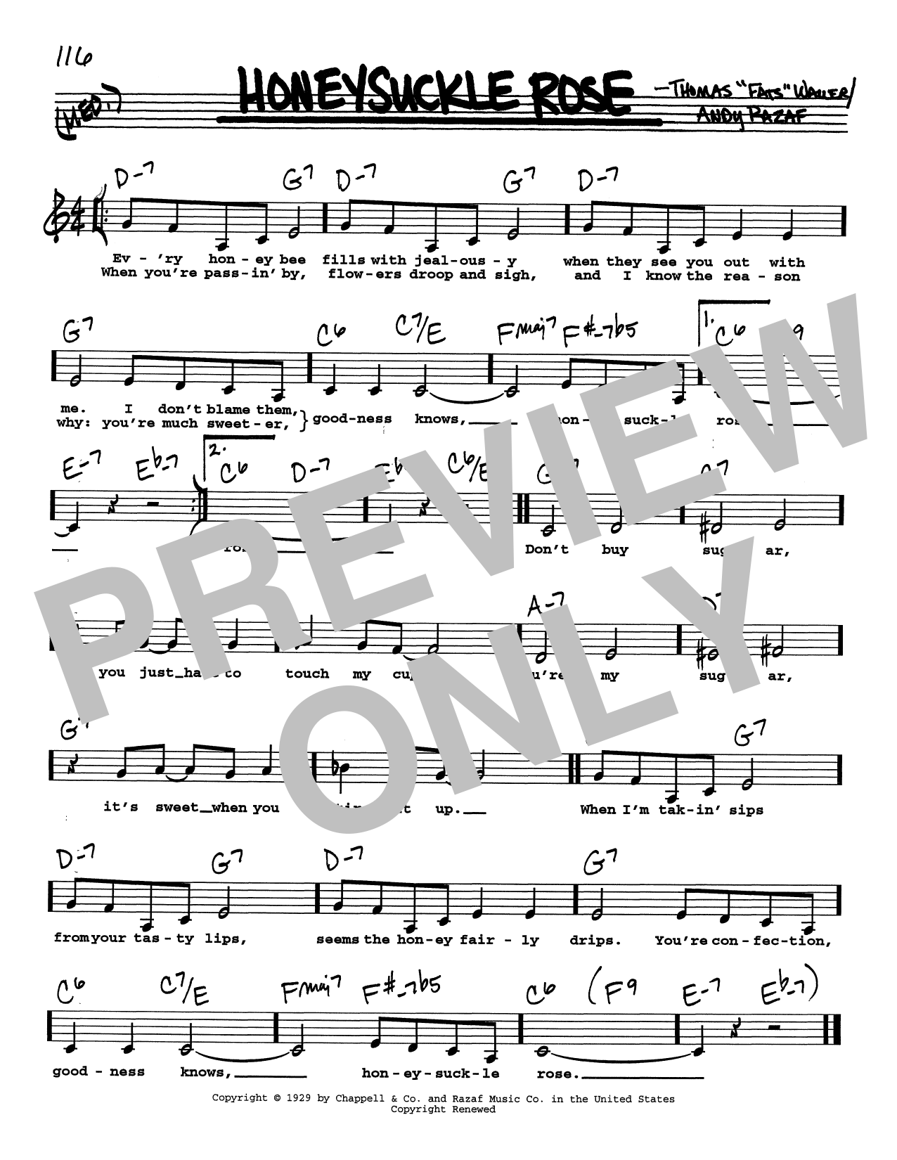 Fats Waller Honeysuckle Rose (Low Voice) sheet music notes and chords arranged for Real Book – Melody, Lyrics & Chords