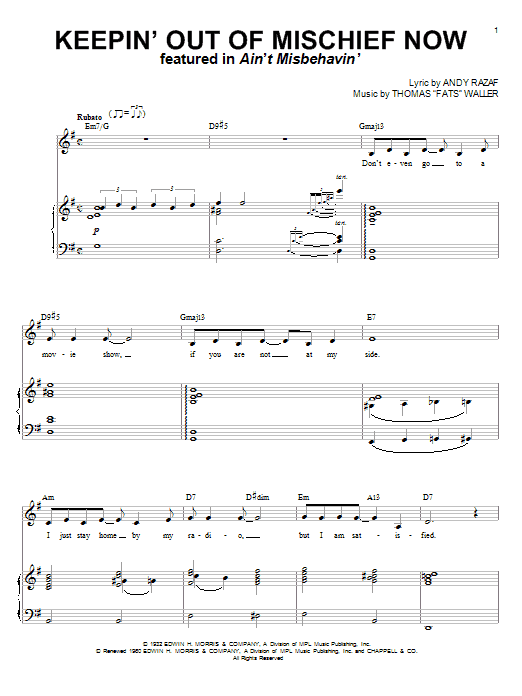 Fats Waller Keepin' Out Of Mischief Now sheet music notes and chords arranged for Piano & Vocal