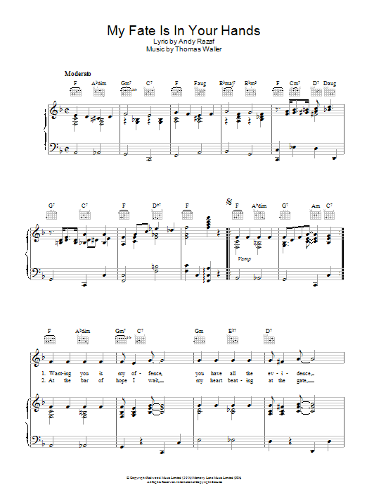 Fats Waller My Fate Is In Your Hands sheet music notes and chords arranged for Piano, Vocal & Guitar Chords