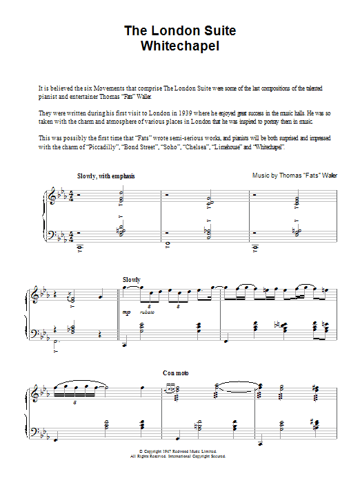 Fats Waller Whitechapel (from The London Suite) sheet music notes and chords arranged for Piano Solo