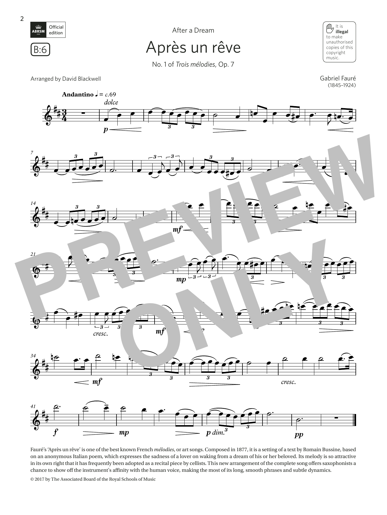 Faure Après un rêve (from Trois mélodies, Op. 7) (Grade 5 B6, the ABRSM Saxophone syllabus from 2022) sheet music notes and chords arranged for Alto Sax Solo