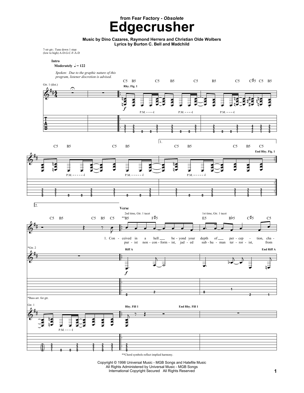 Fear Factory Edgecrusher sheet music notes and chords arranged for Guitar Tab
