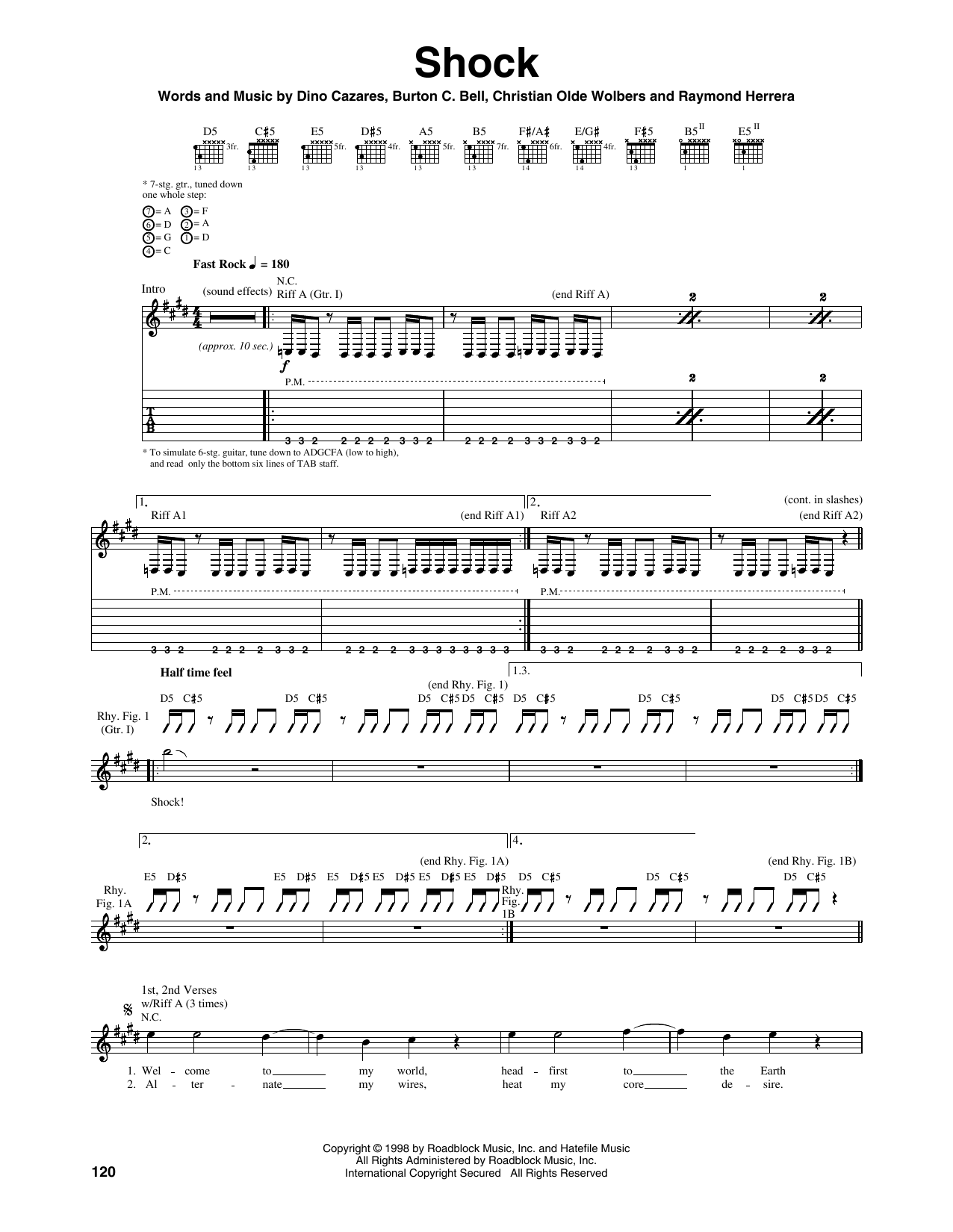 Fear Factory Shock sheet music notes and chords arranged for Guitar Tab