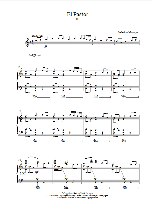 Federico Mompou El Pastor III sheet music notes and chords arranged for Piano Solo