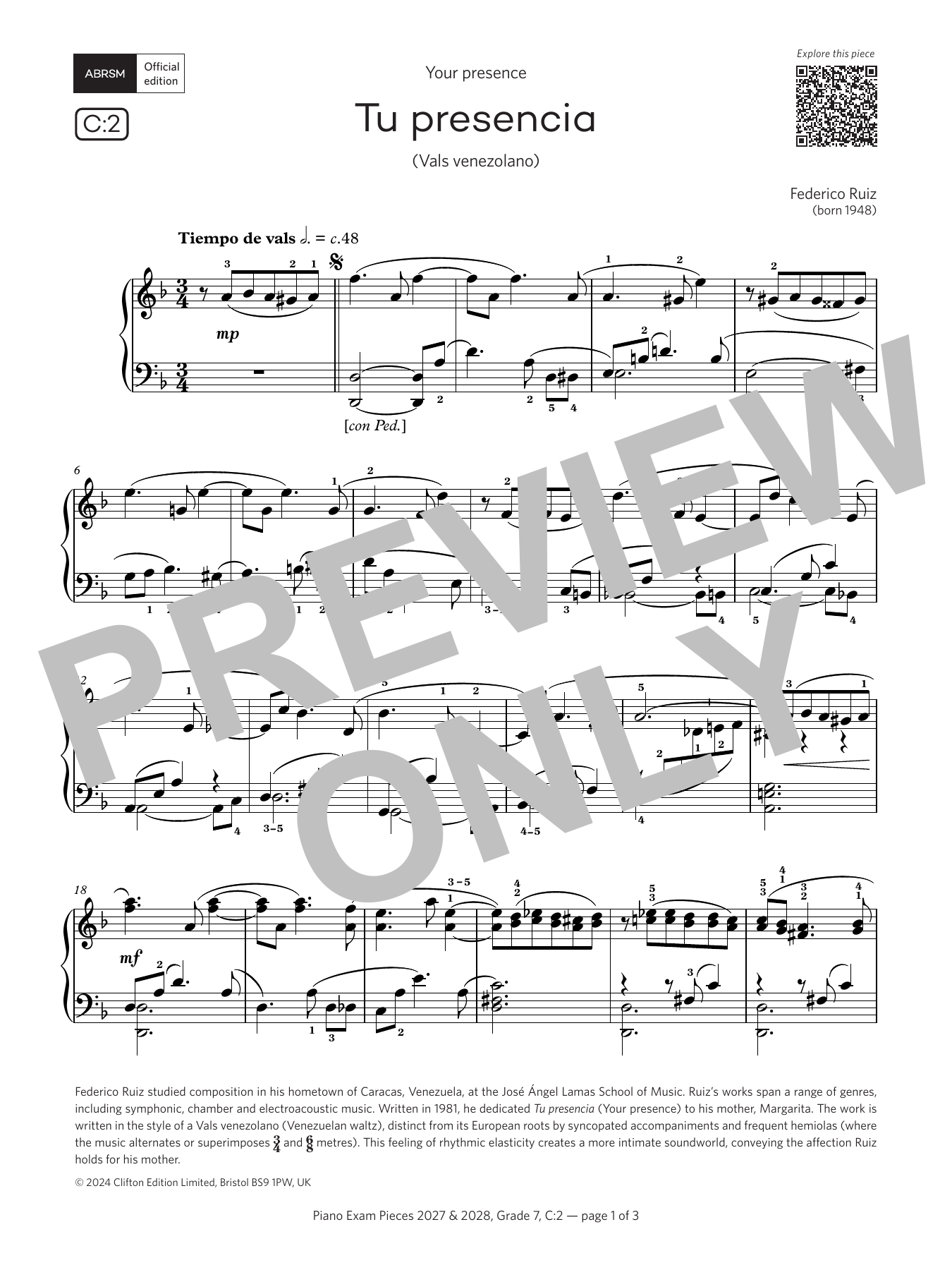 Federico Ruiz Tu presencia (Grade 7, list C2, from the ABRSM Piano Syllabus 2027 & 2028) sheet music notes and chords arranged for Piano Solo