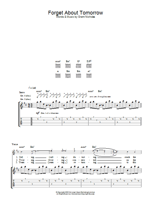 Feeder Forget About Tomorrow sheet music notes and chords arranged for Lead Sheet / Fake Book