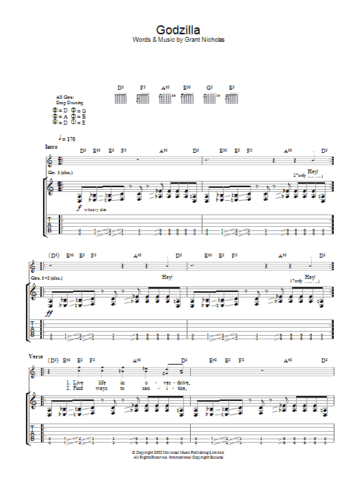 Feeder Godzilla sheet music notes and chords arranged for Guitar Tab