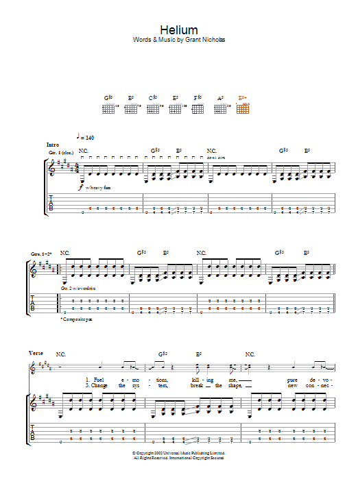 Feeder Helium sheet music notes and chords arranged for Guitar Tab