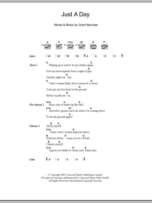 Feeder Just A Day sheet music notes and chords arranged for Guitar Chords/Lyrics