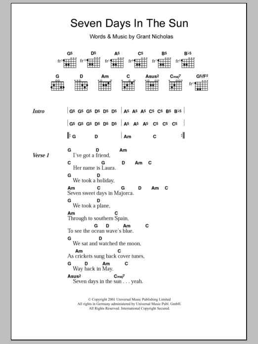 Feeder Seven Days In The Sun sheet music notes and chords arranged for Guitar Chords/Lyrics