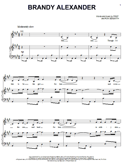 Feist Brandy Alexander sheet music notes and chords arranged for Piano, Vocal & Guitar Chords (Right-Hand Melody)