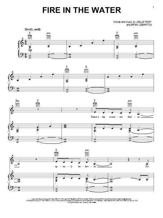 Feist Fire In The Water sheet music notes and chords arranged for Piano, Vocal & Guitar Chords (Right-Hand Melody)