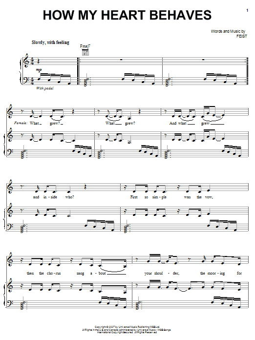 Feist How My Heart Behaves sheet music notes and chords arranged for Piano, Vocal & Guitar Chords (Right-Hand Melody)