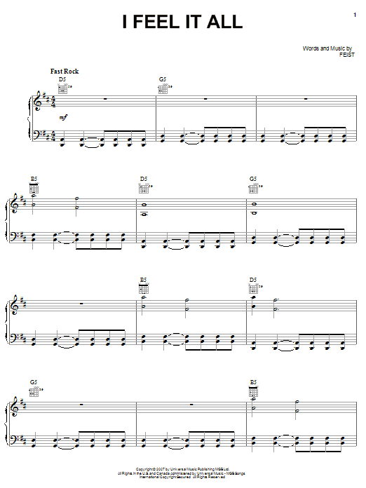 Feist I Feel It All sheet music notes and chords arranged for Piano, Vocal & Guitar Chords (Right-Hand Melody)