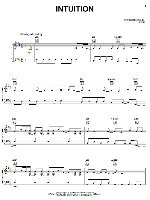 Feist Intuition sheet music notes and chords arranged for Piano, Vocal & Guitar Chords (Right-Hand Melody)