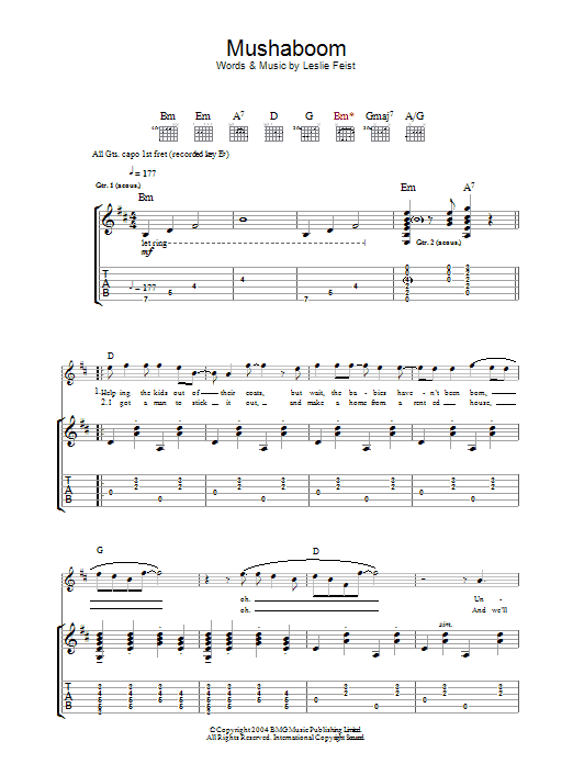 Feist Mushaboom sheet music notes and chords arranged for Piano, Vocal & Guitar Chords