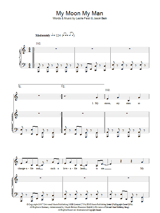 Feist My Moon My Man sheet music notes and chords arranged for Piano, Vocal & Guitar Chords