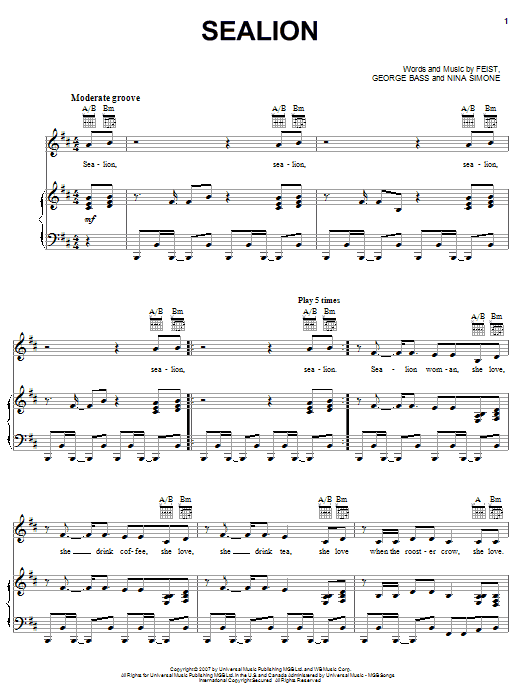 Feist Sealion sheet music notes and chords arranged for Piano, Vocal & Guitar Chords (Right-Hand Melody)