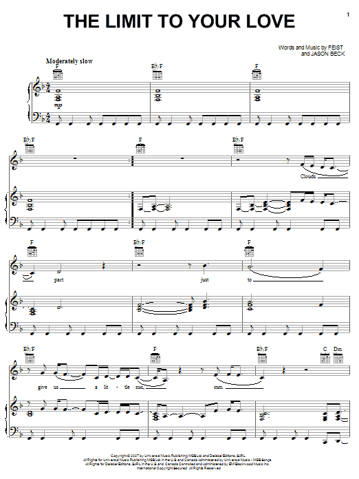 Feist The Limit To Your Love sheet music notes and chords arranged for Piano, Vocal & Guitar Chords (Right-Hand Melody)