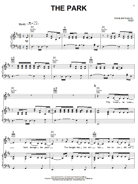 Feist The Park sheet music notes and chords arranged for Piano, Vocal & Guitar Chords (Right-Hand Melody)
