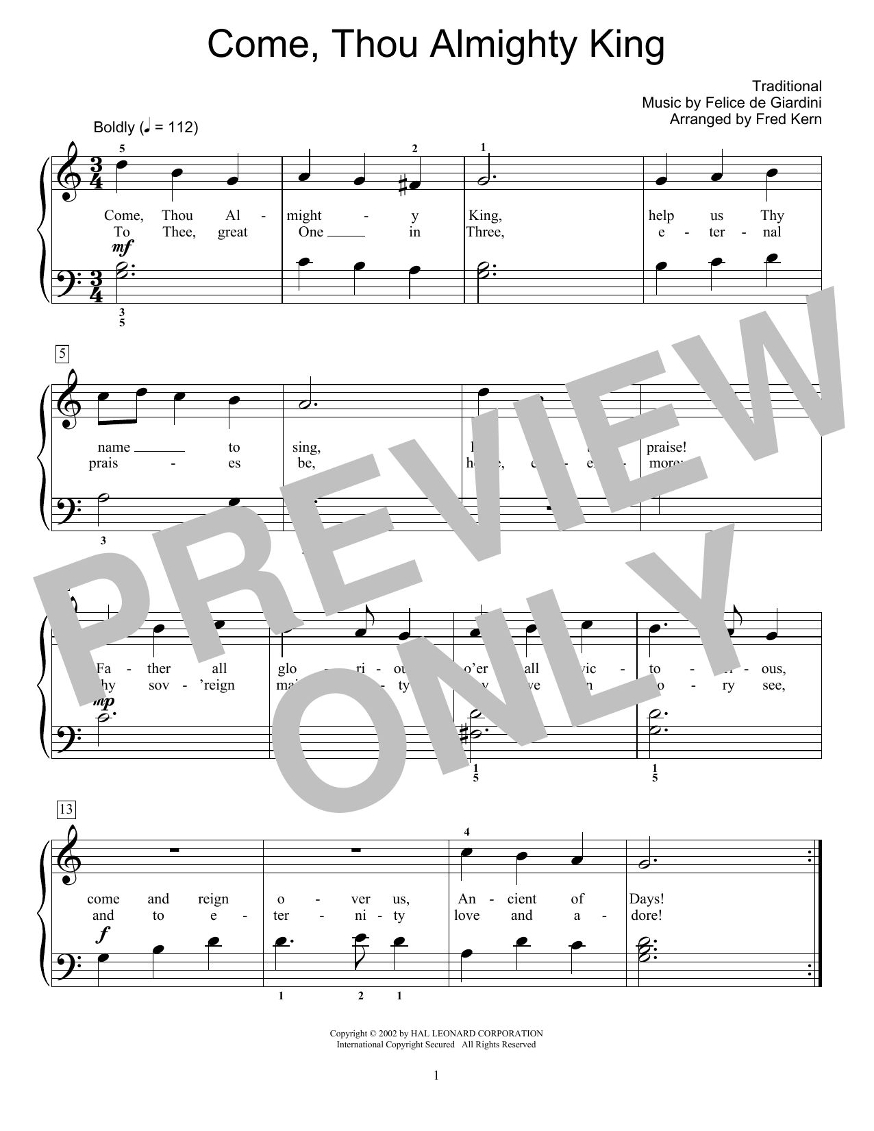 Felice de Giardini Come, Thou Almighty King (arr. Fred Kern) sheet music notes and chords arranged for Educational Piano