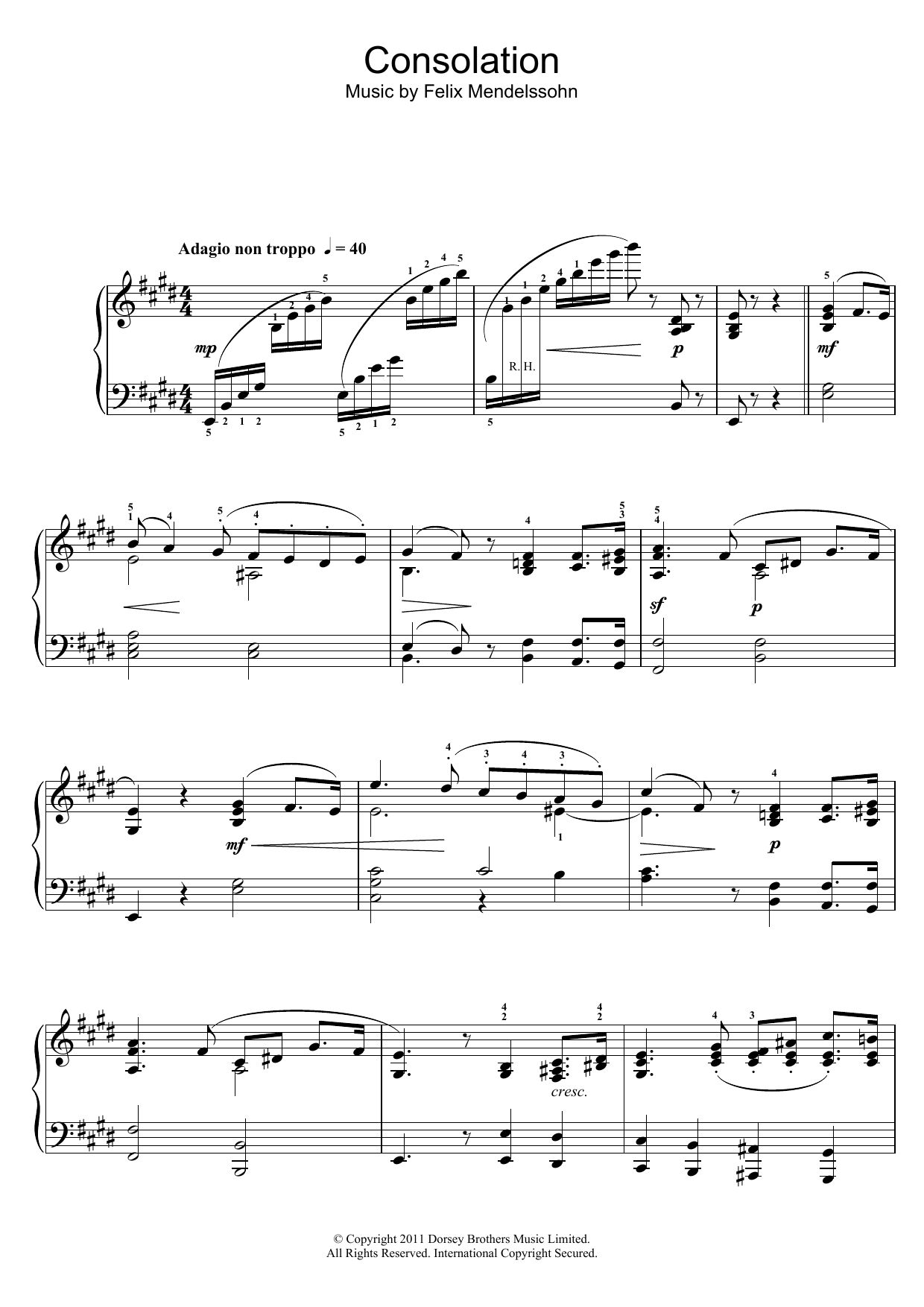 Felix Mendelssohn Consolation sheet music notes and chords arranged for Piano Solo