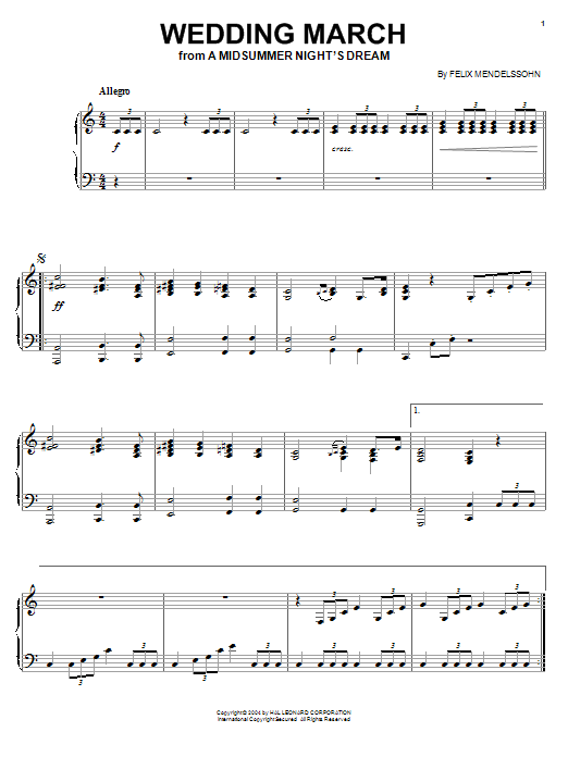 Felix Mendelssohn Wedding March sheet music notes and chords arranged for Easy Piano