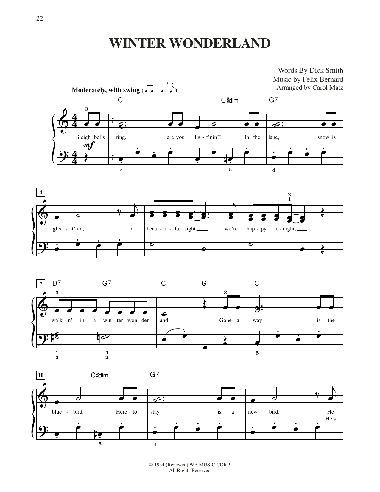 Felix Bernard Winter Wonderland (arr. Carol Matz) sheet music notes and chords arranged for Big Note Piano