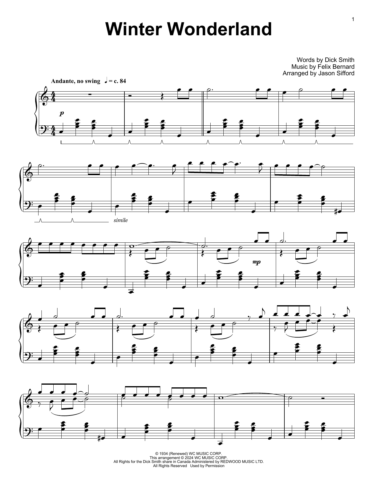 Felix Bernard Winter Wonderland (arr. Jason Sifford) sheet music notes and chords arranged for Educational Piano