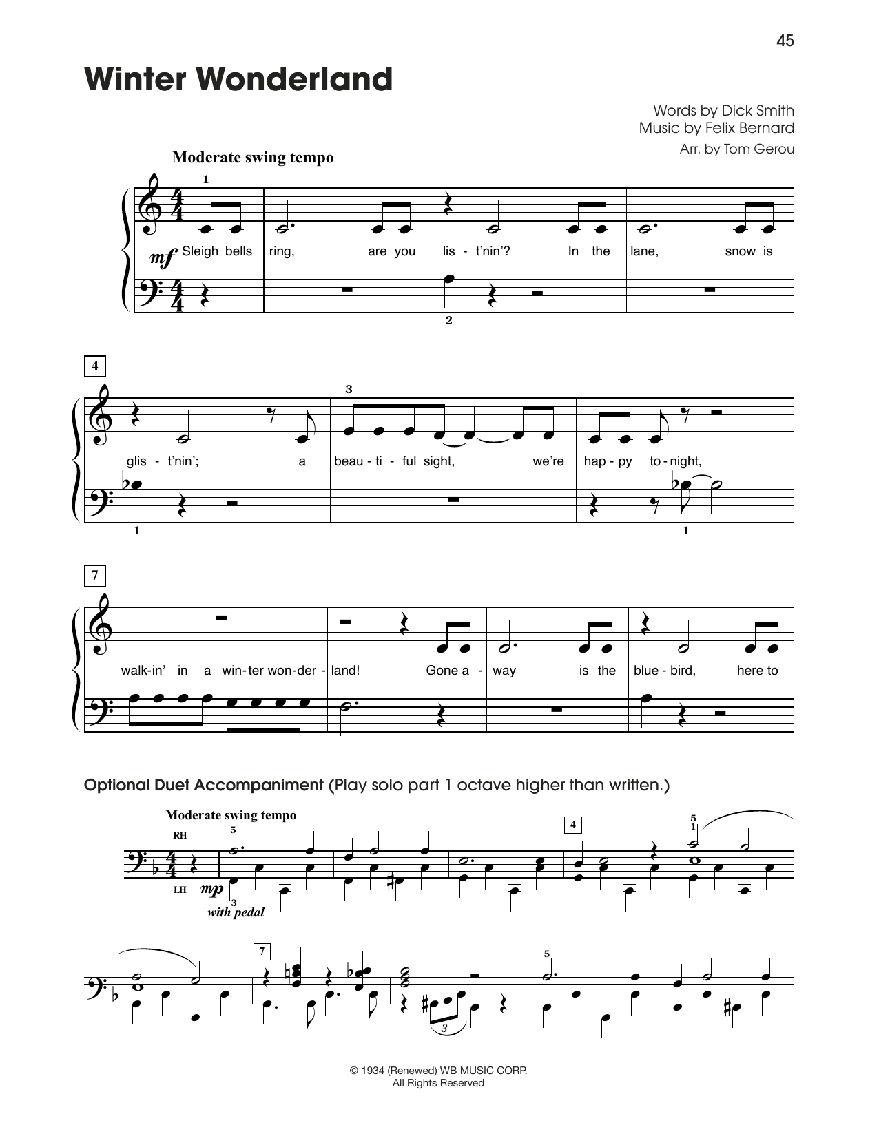 Felix Bernard Winter Wonderland (arr. Tom Gerou) sheet music notes and chords arranged for 5-Finger Piano