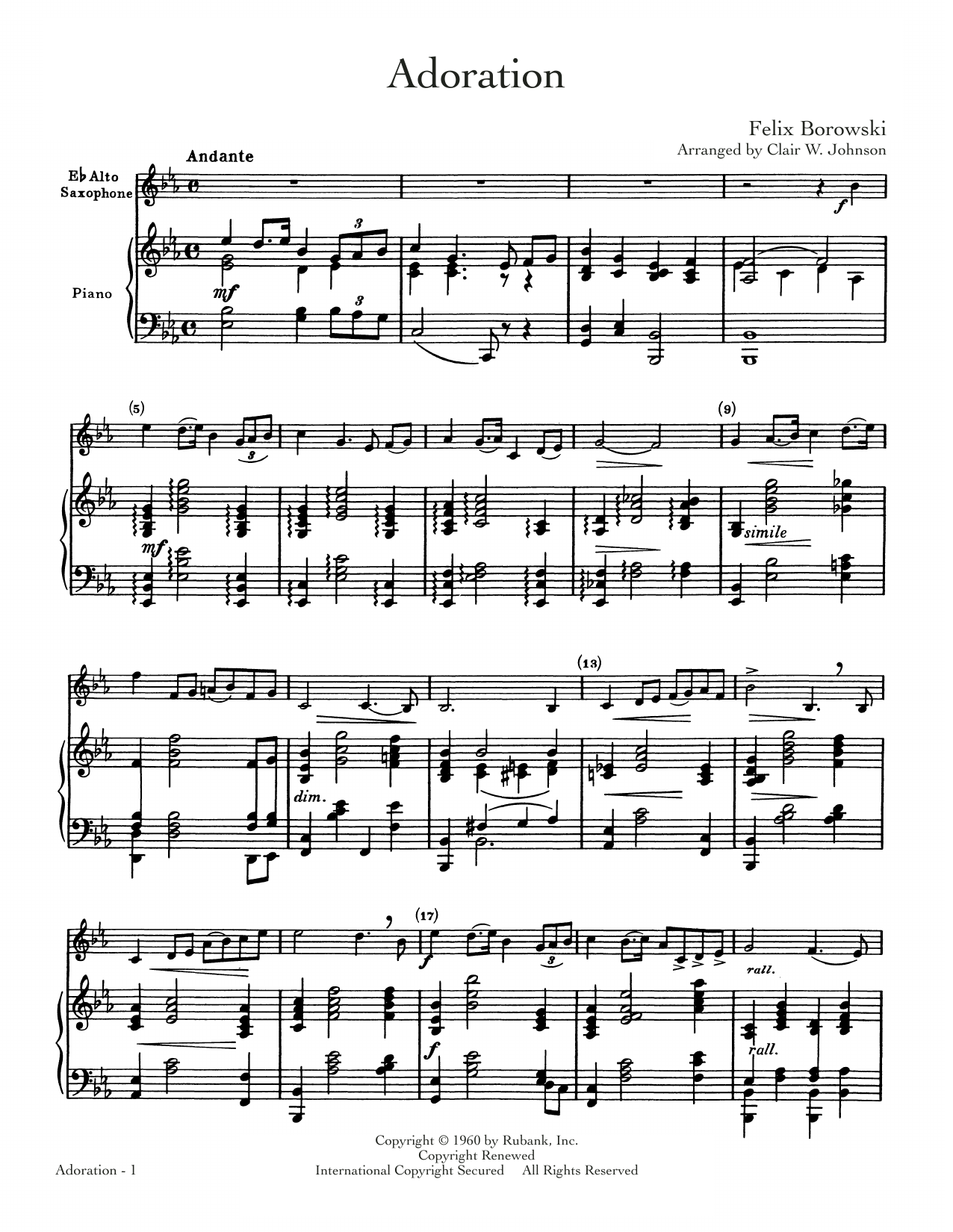 Felix Borowski Adoration sheet music notes and chords arranged for Alto Sax and Piano
