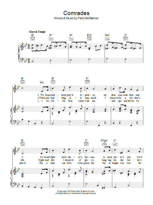 Felix McGlennon Comrades sheet music notes and chords arranged for Piano, Vocal & Guitar Chords