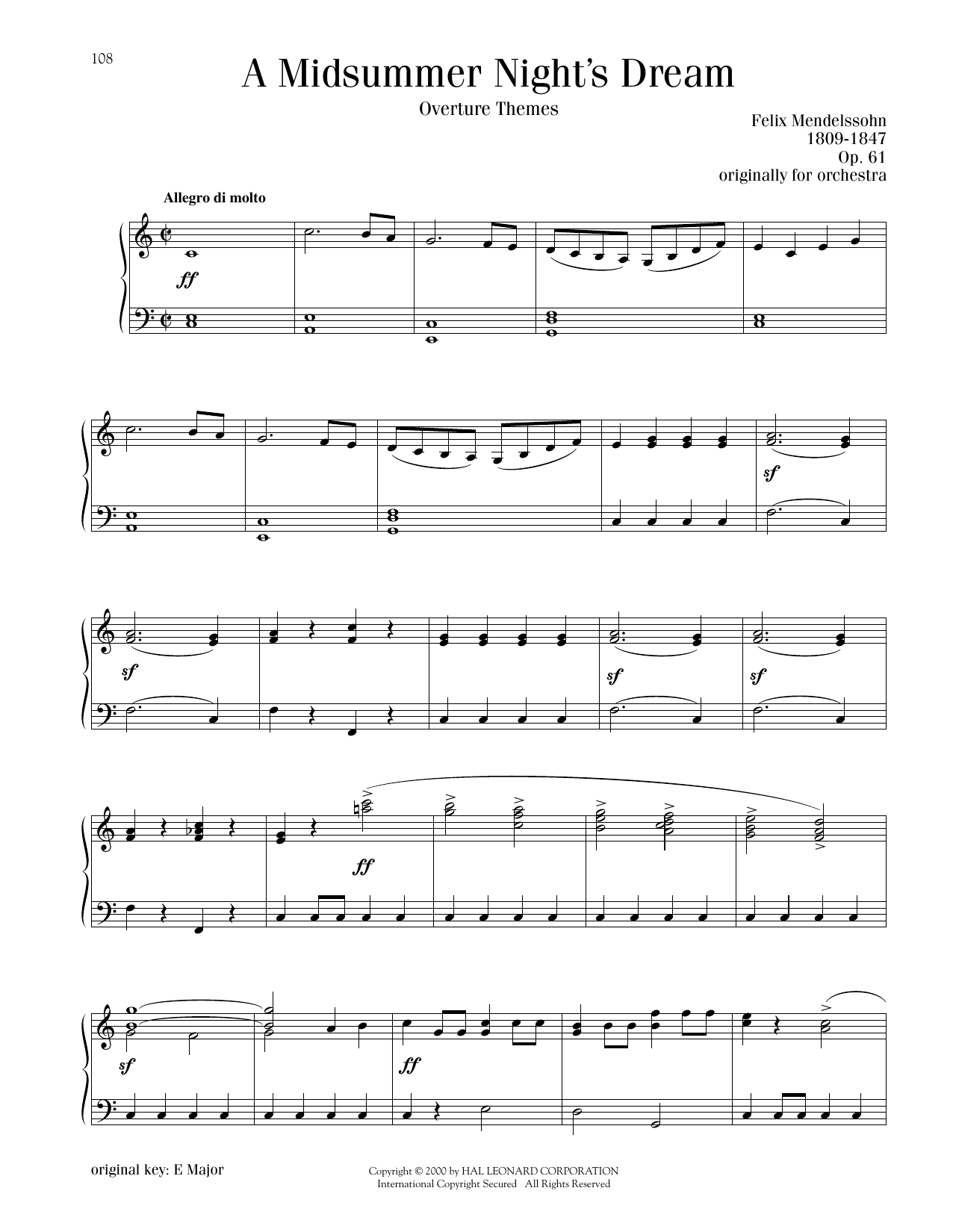 Felix Mendelssohn A Midsummer Night's Dream Overture, Excerpt sheet music notes and chords arranged for Piano Solo