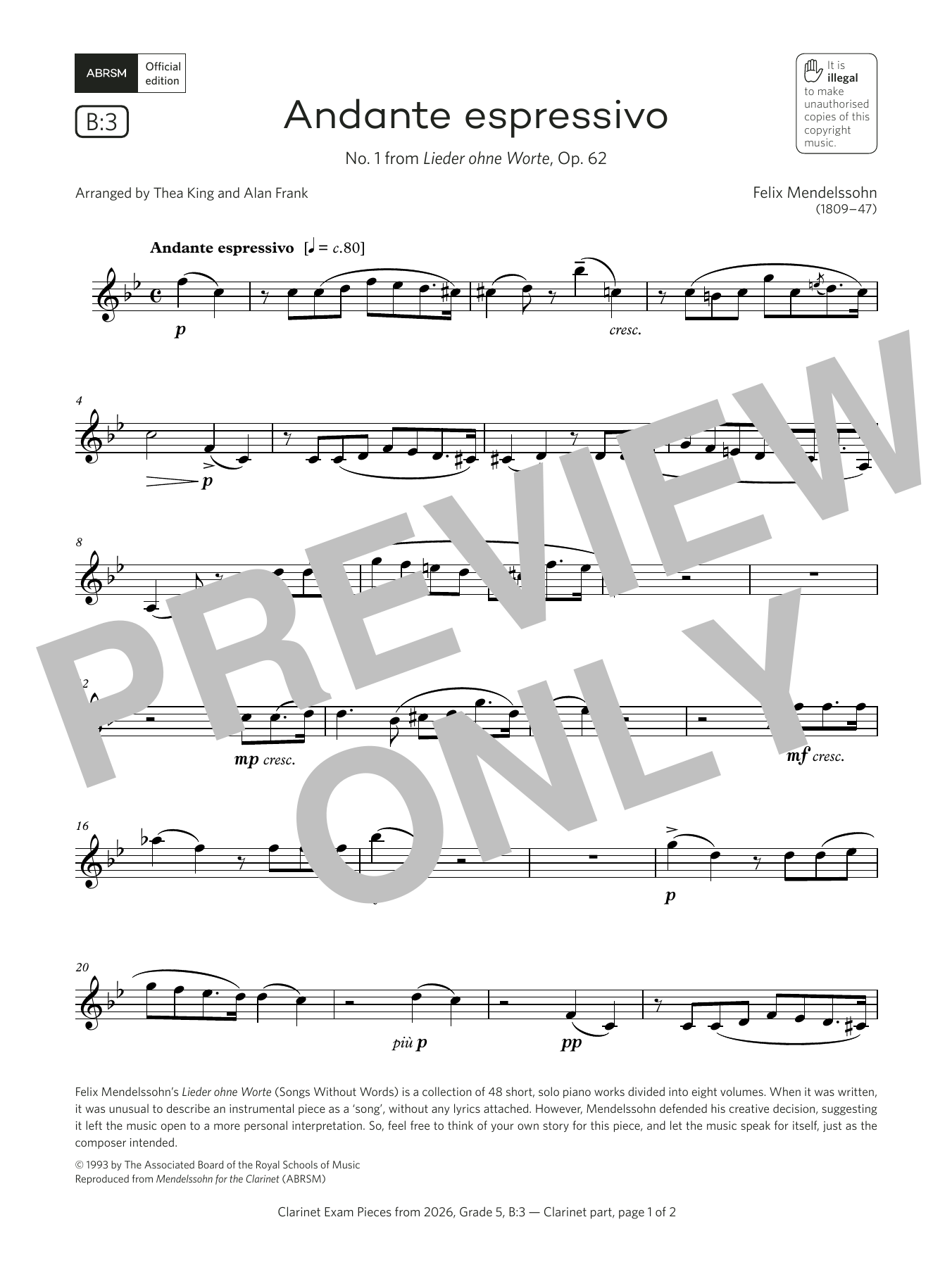 Felix Mendelssohn Andante espressivo (Grade 5, list B3, from the ABRSM Clarinet Syllabus from 2026) sheet music notes and chords arranged for Clarinet Solo
