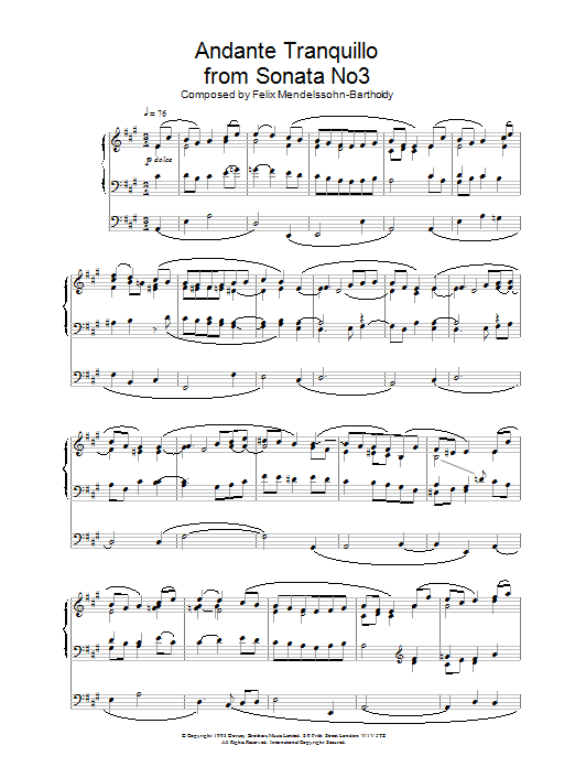 Felix Mendelssohn Andante Tranquillo from Sonata No3 sheet music notes and chords arranged for Organ