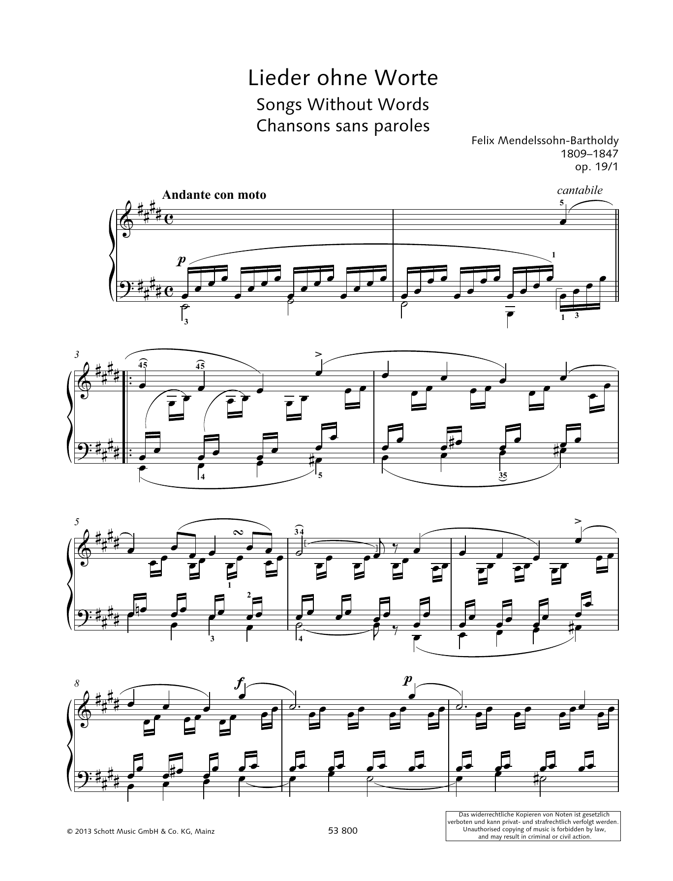 Felix Mendelssohn Bartholdy Andante Con Moto sheet music notes and chords arranged for Piano Solo