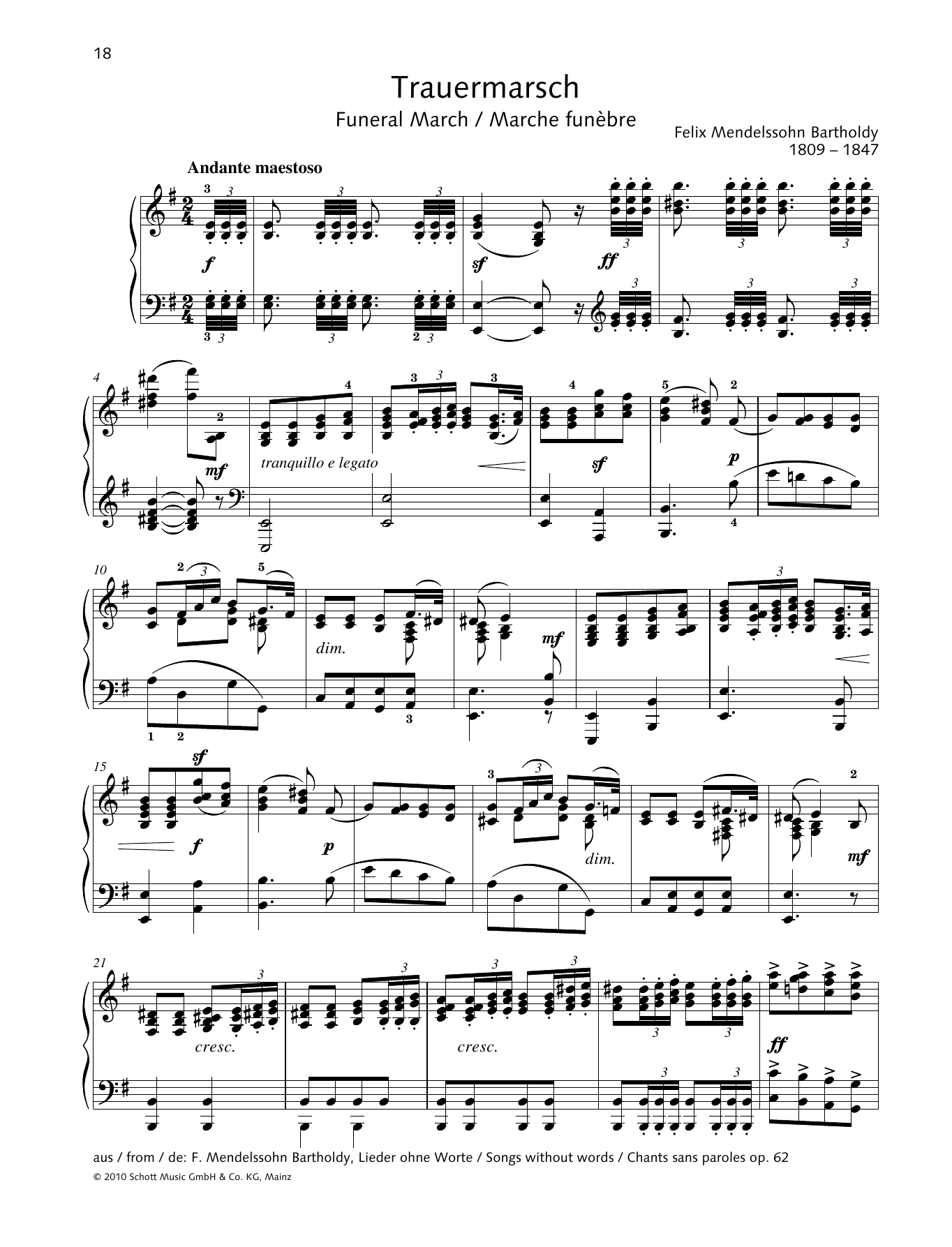 Felix Mendelssohn Bartholdy Funeral March sheet music notes and chords arranged for Piano Solo