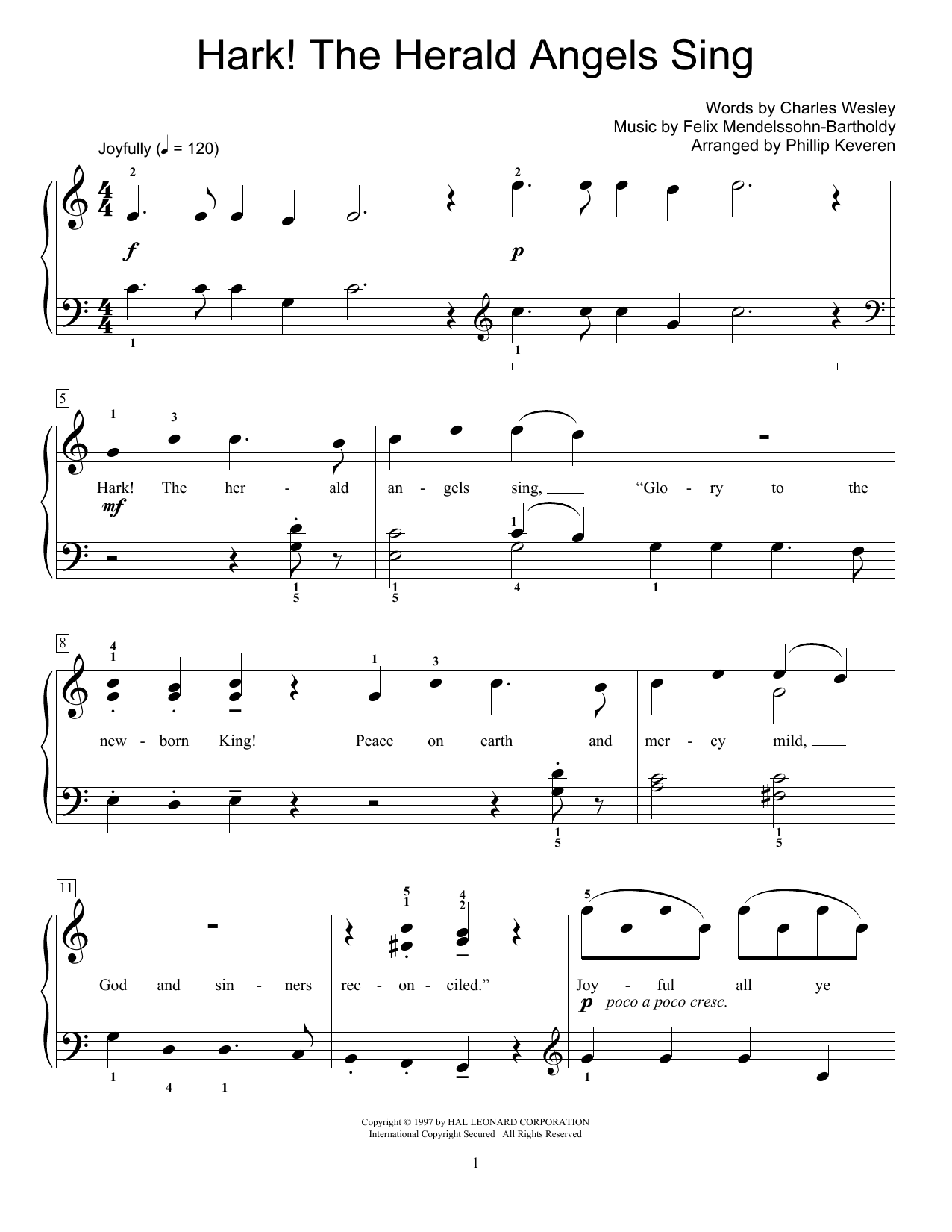 Felix Mendelssohn-Bartholdy Hark! The Herald Angels Sing (arr. Phillip Keveren) sheet music notes and chords arranged for Educational Piano