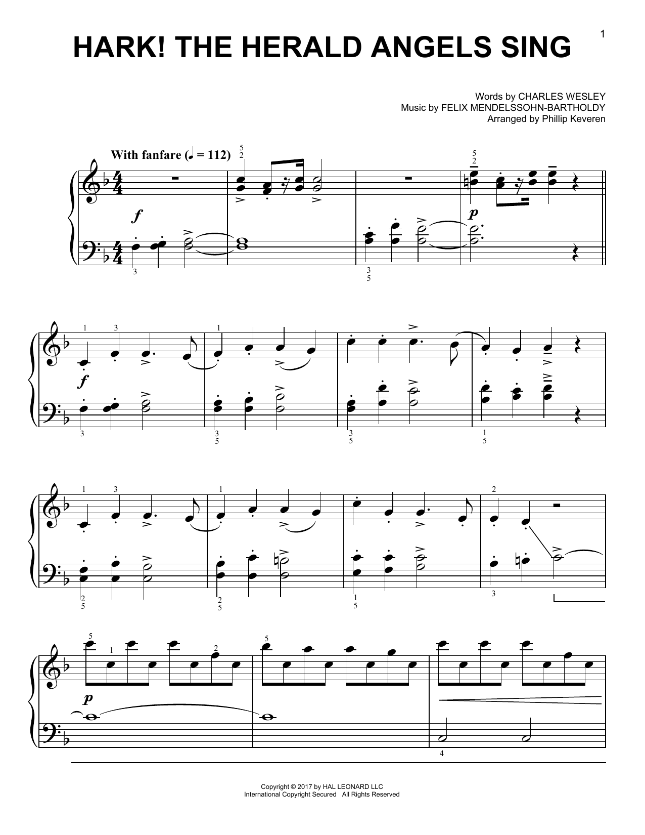Felix Mendelssohn-Bartholdy Hark! The Herald Angels Sing [Classical version] (arr. Phillip Keveren) sheet music notes and chords arranged for Easy Piano
