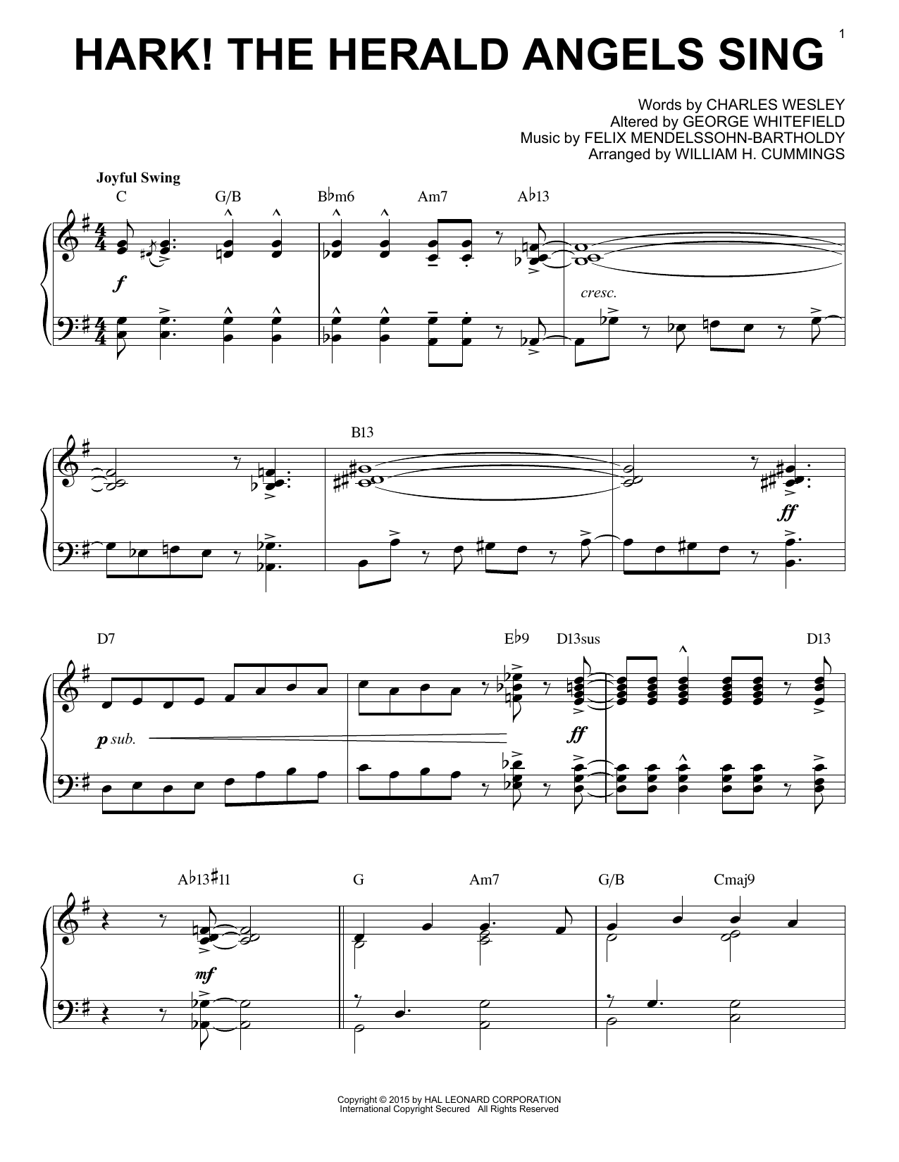 Felix Mendelssohn-Bartholdy Hark! The Herald Angels Sing [Jazz version] (arr. Brent Edstrom) sheet music notes and chords arranged for Piano Solo