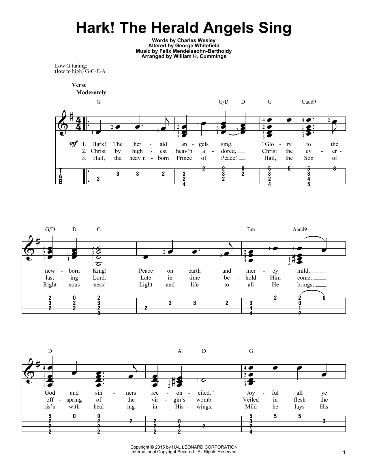 Felix Mendelssohn-Bartholdy Hark! The Herald Angels Sing sheet music notes and chords arranged for Easy Ukulele Tab