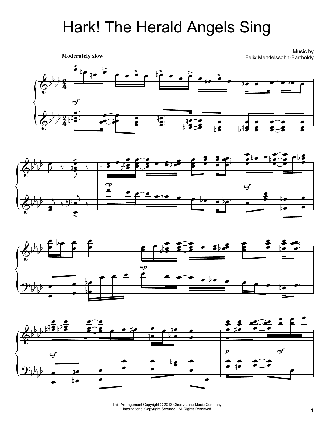 Felix Mendelssohn-Bartholdy Hark! The Herald Angels Sing [Ragtime version] sheet music notes and chords arranged for Piano Solo