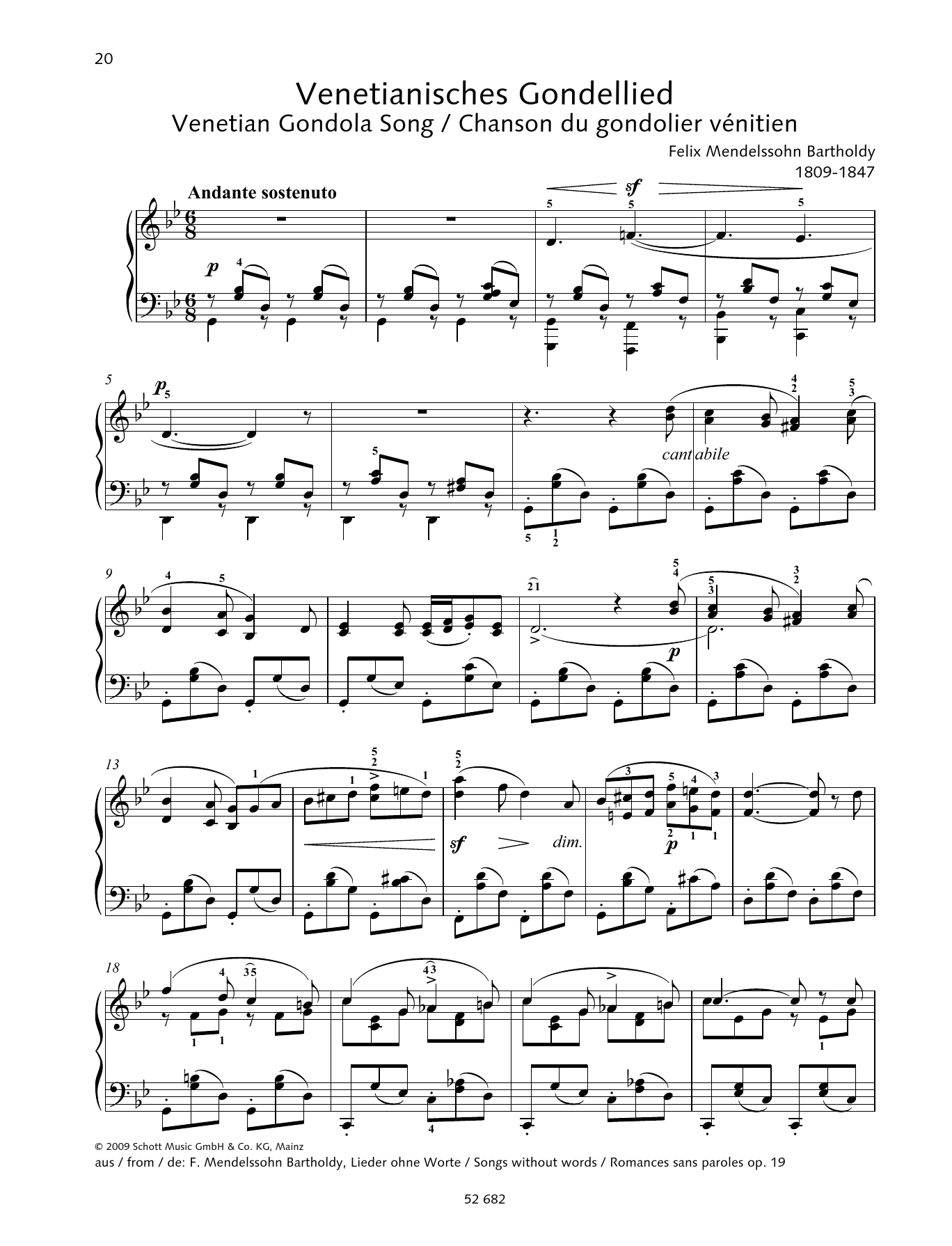 Felix Mendelssohn Bartholdy Venetian Gondola Song in G minor sheet music notes and chords arranged for Piano Solo