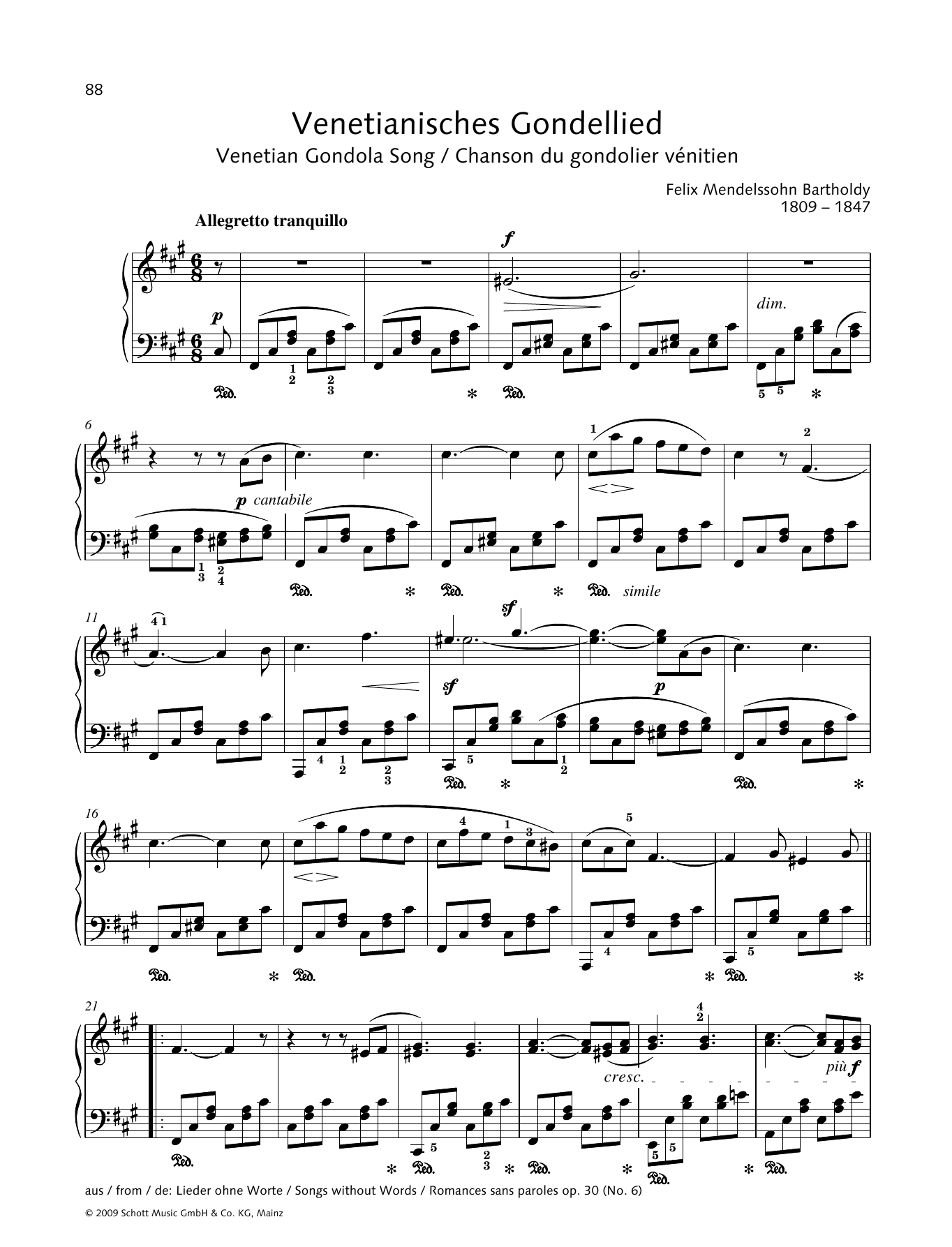 Felix Mendelssohn Bartholdy Venetian Gondola Song sheet music notes and chords arranged for Piano Solo